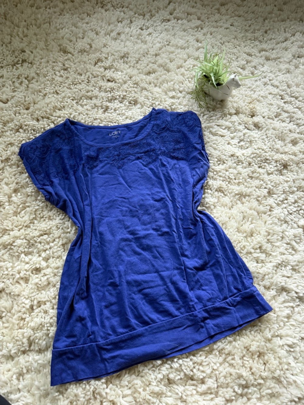 LOFT LOFT Royal Blue Lace-Yoke casual basic minimalist summer Women's Top sleeve